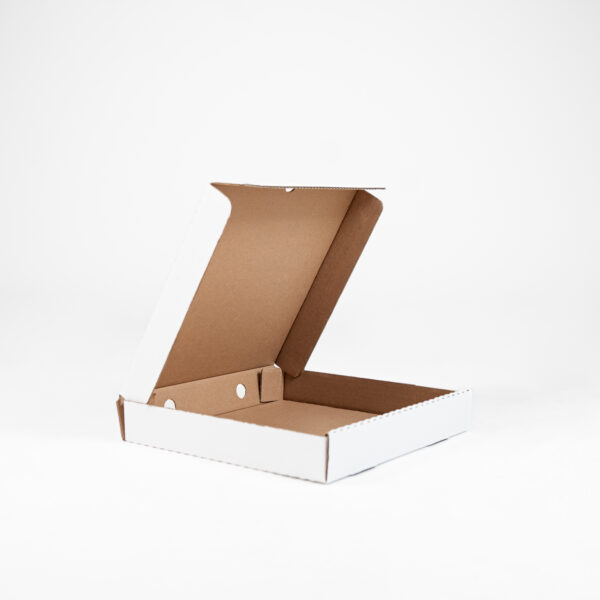 Caja de Pizza Blanca 12" (30.48 x 30.48 x 5 cms) cartón corrugado.